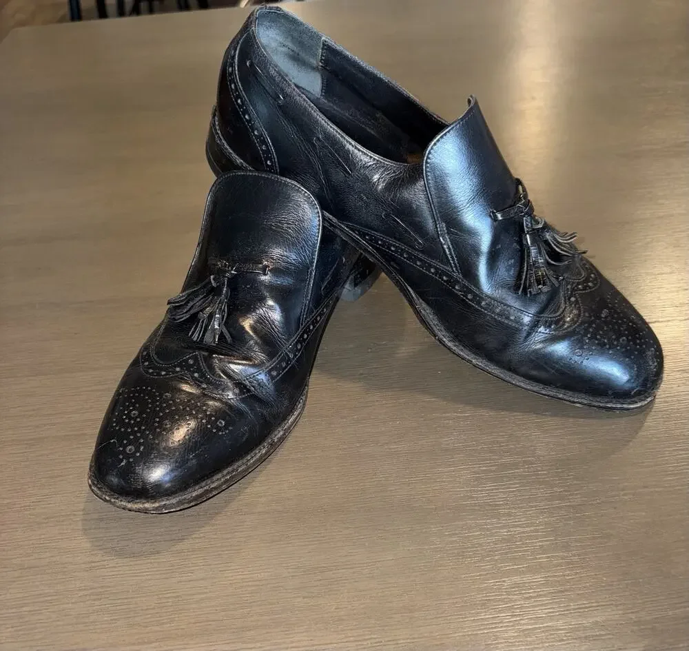 Men’s Black Leather Tassel Wingtip Loafers Slip On Dress Shoes Size 9.5 D